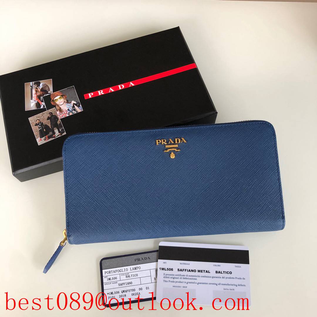 prada women long zipper wallet blue 1ML506 3A copy