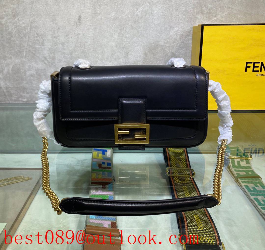Fendi black BAGUETTE bag sliding chain shoulder strap soft nappa leather handbag 3A copy
