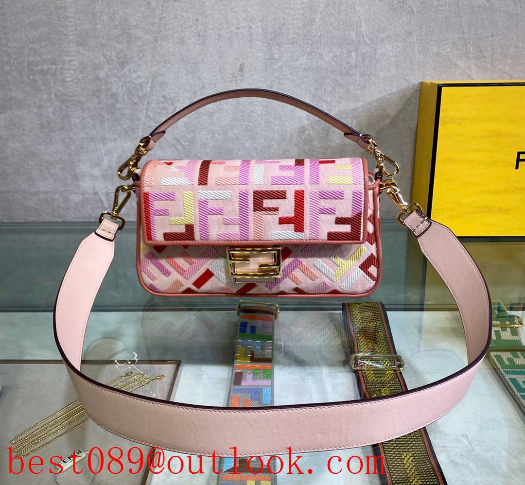 Fendi Iconic Baguette bag canvas with red pink FF embroidery throughout buckle shoulder bag 3A copy