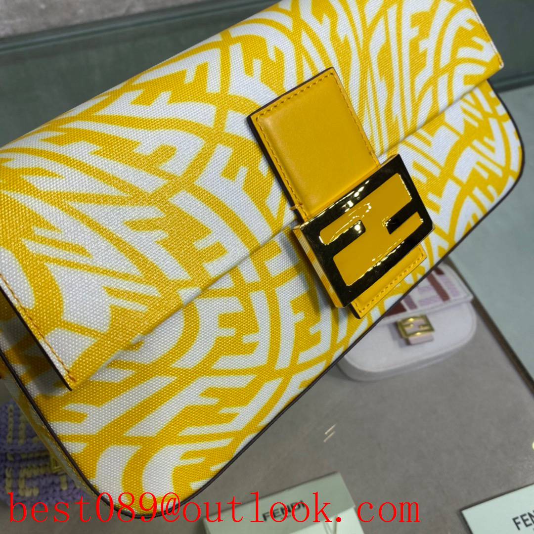 Fendi white FF Vertigo motif yellow enamel Underarm bag yellow Baguette 1997 medium  glazed canvas tote bag 3A copy