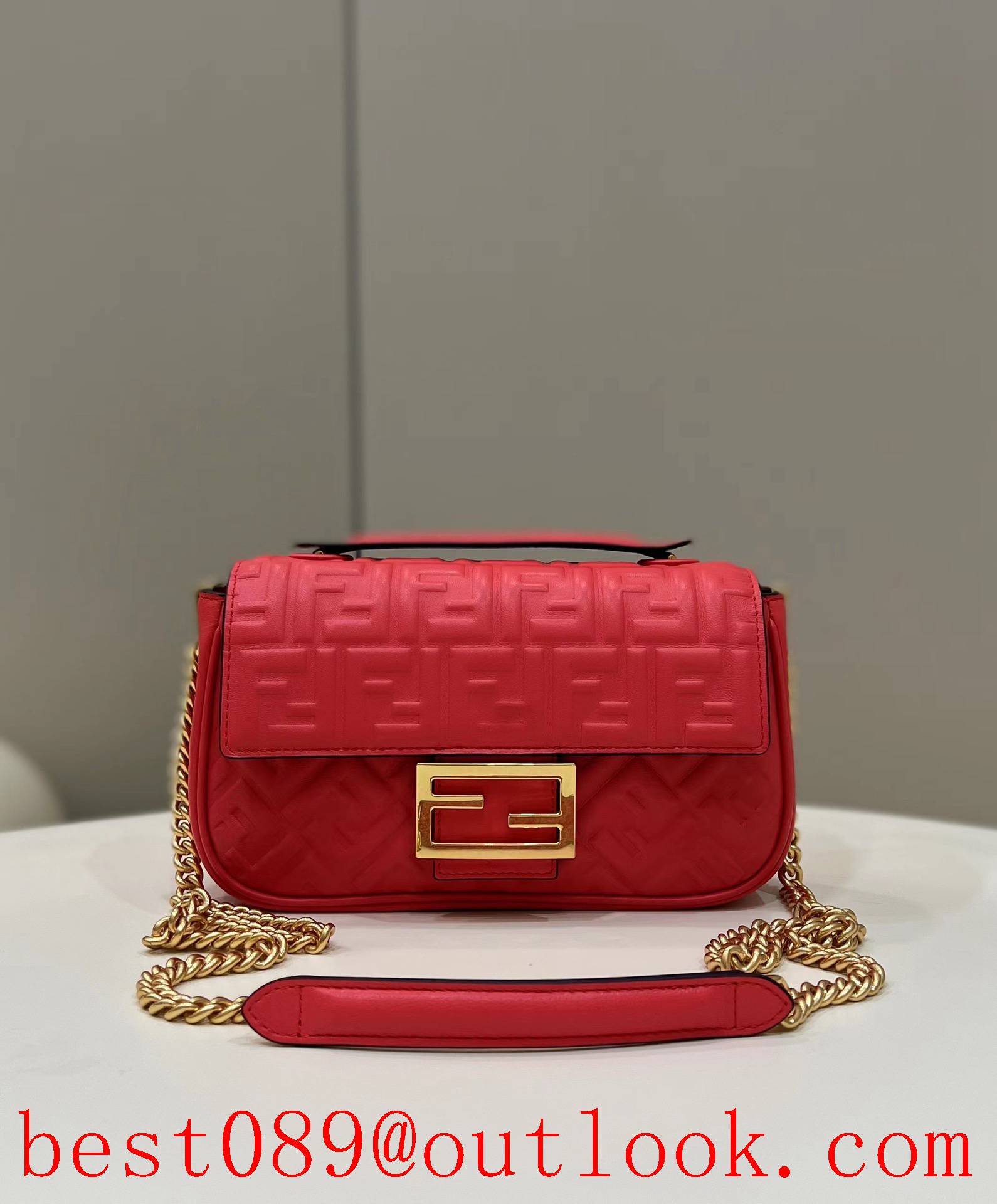 Fendi red baguette leather gold button medium classic embossed chain shoulder bag 3A copy