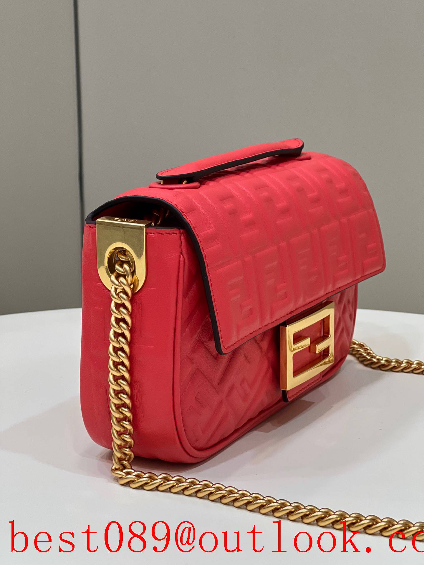 Fendi red baguette leather gold button medium classic embossed chain shoulder bag 3A copy