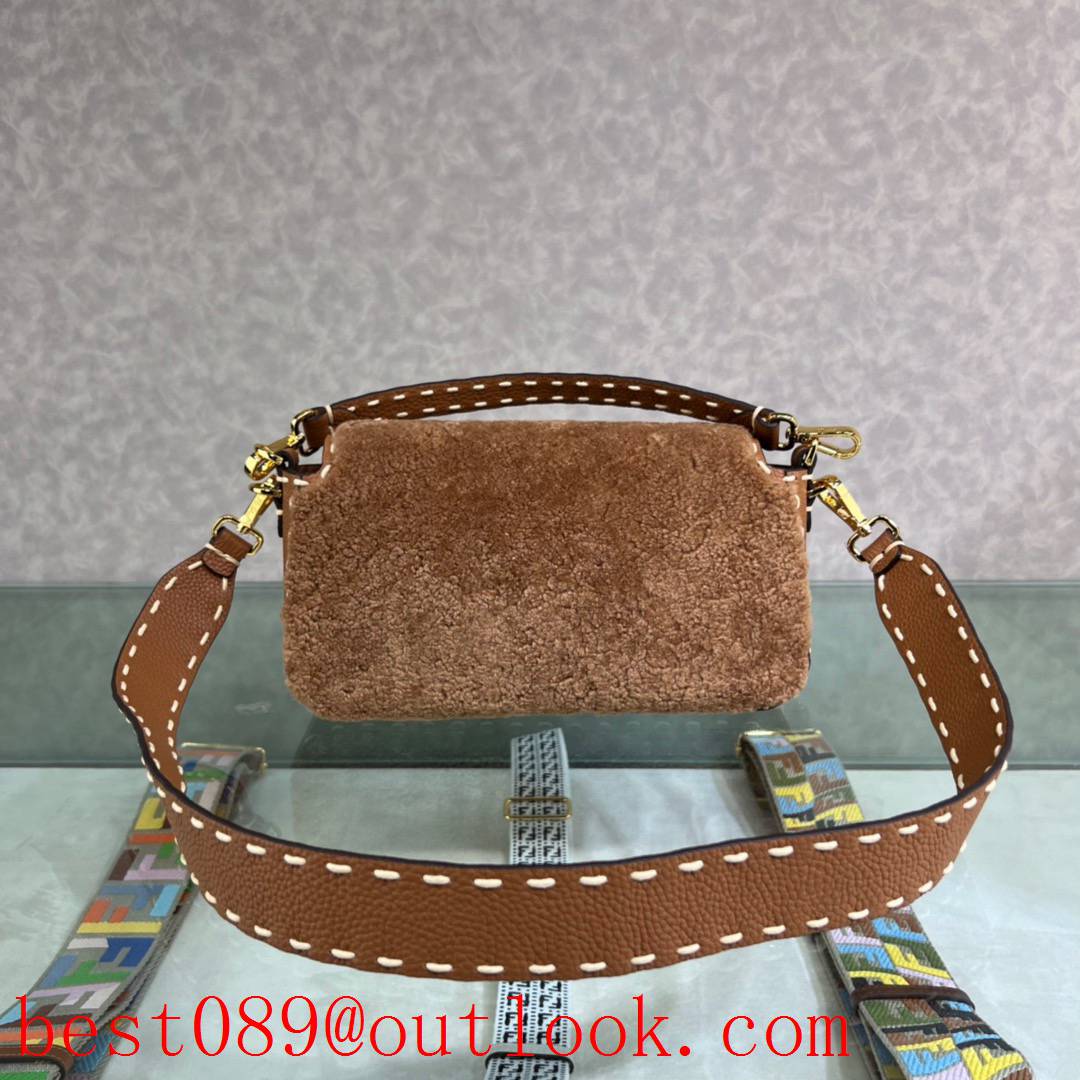 Fendi brown fluffy shearling baguette shoulder handbag 3A copy