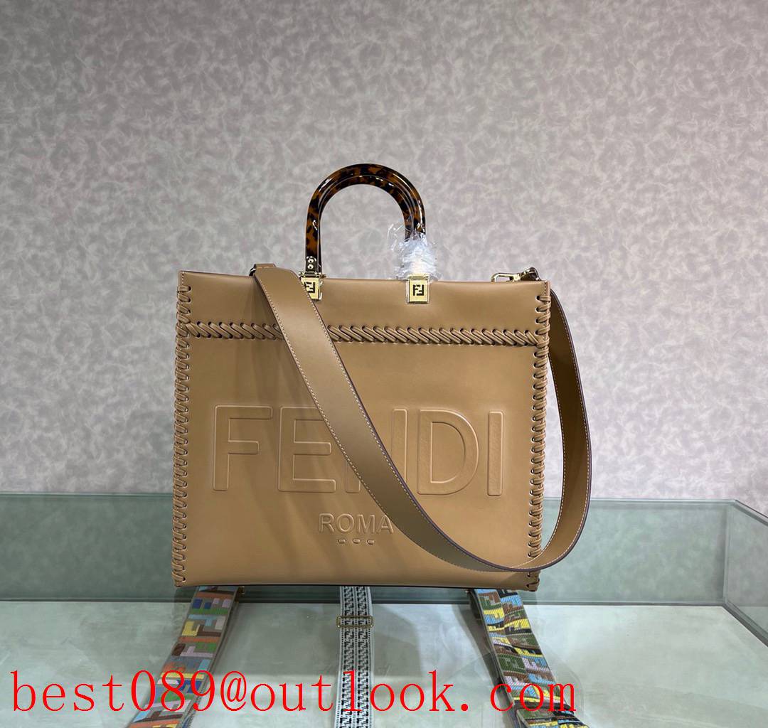 Fendi leather tote apricot Large letter LOGO hand-woven shopping bag 3A copy