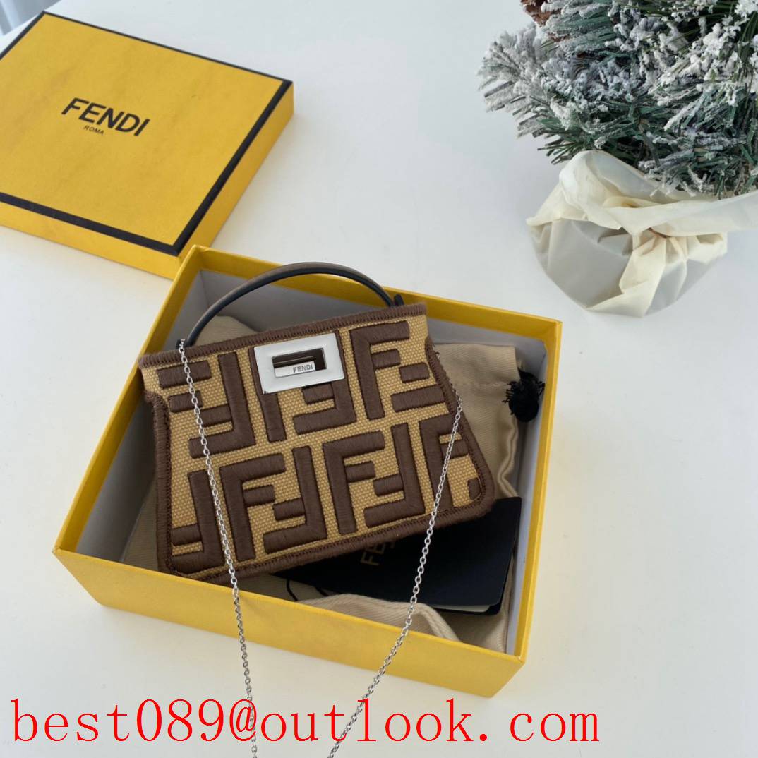 Fendi brown embroidered logo FF Adjustable minipeekaboo chain tote shoulder bag 3A copy