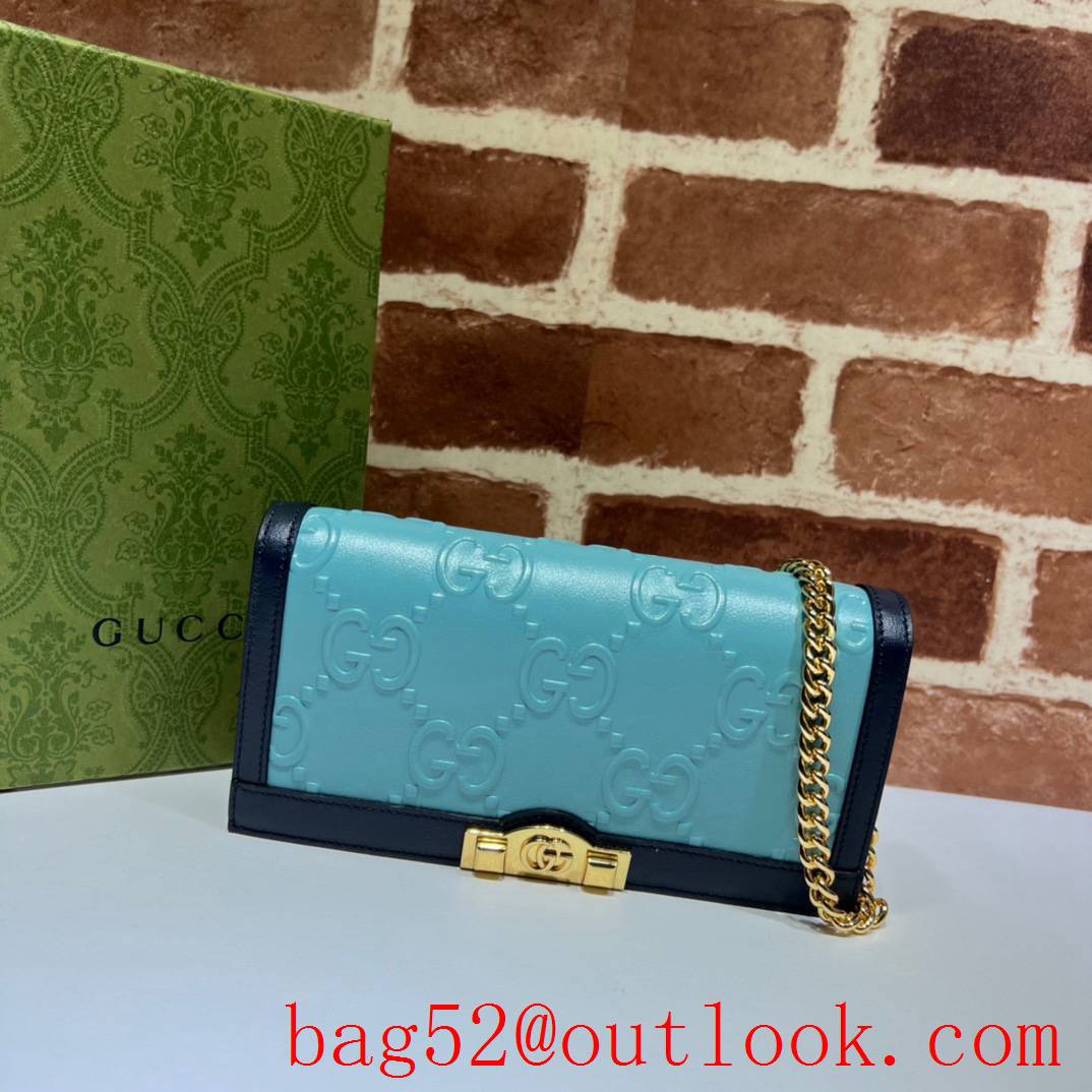 Gucci sky blue with dark blue double G small metal logo snap button gold chain bag