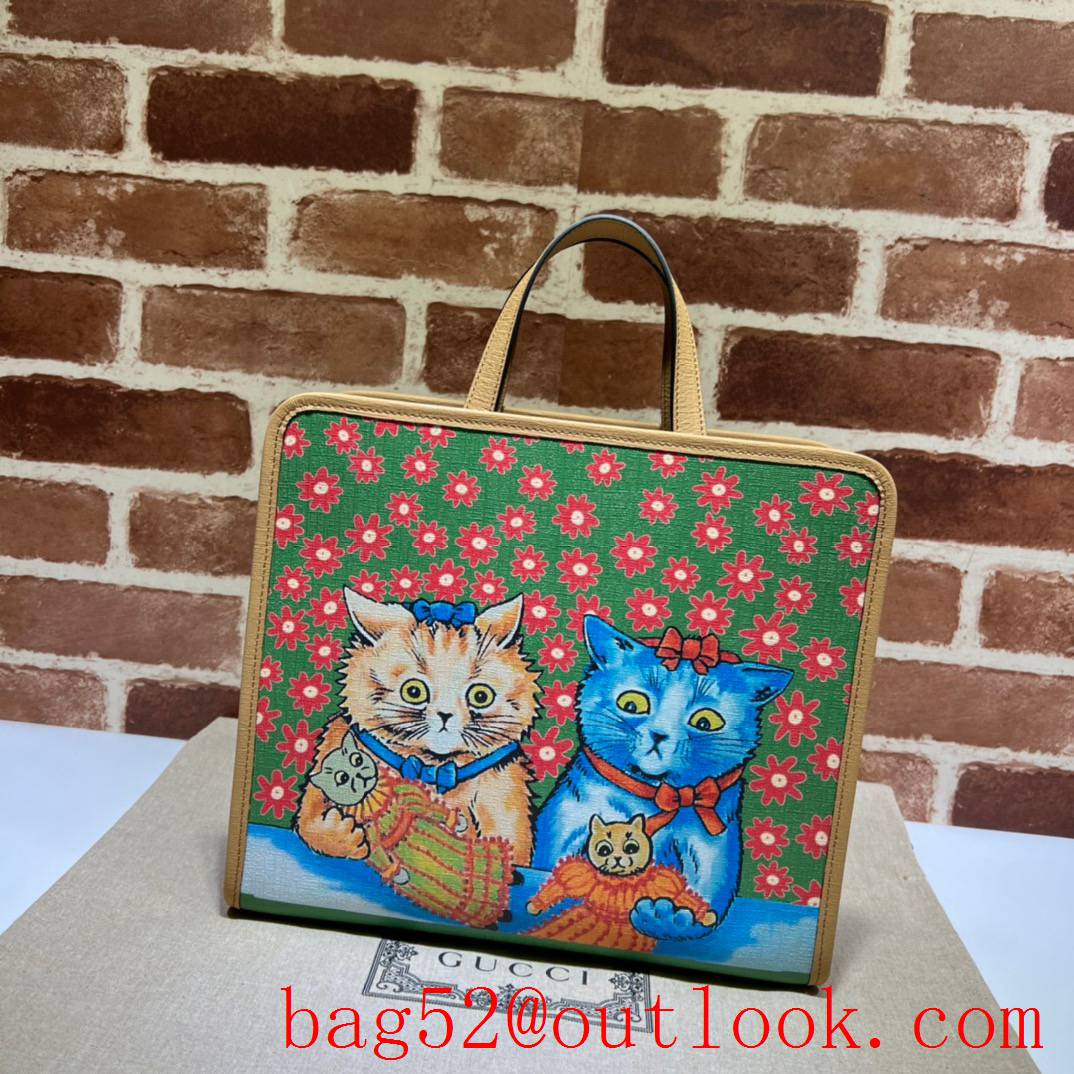 Gucci Children's cat with red flowers print brown large tote bag