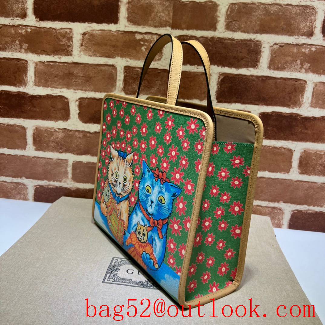 Gucci Children's cat with red flowers print brown large tote bag