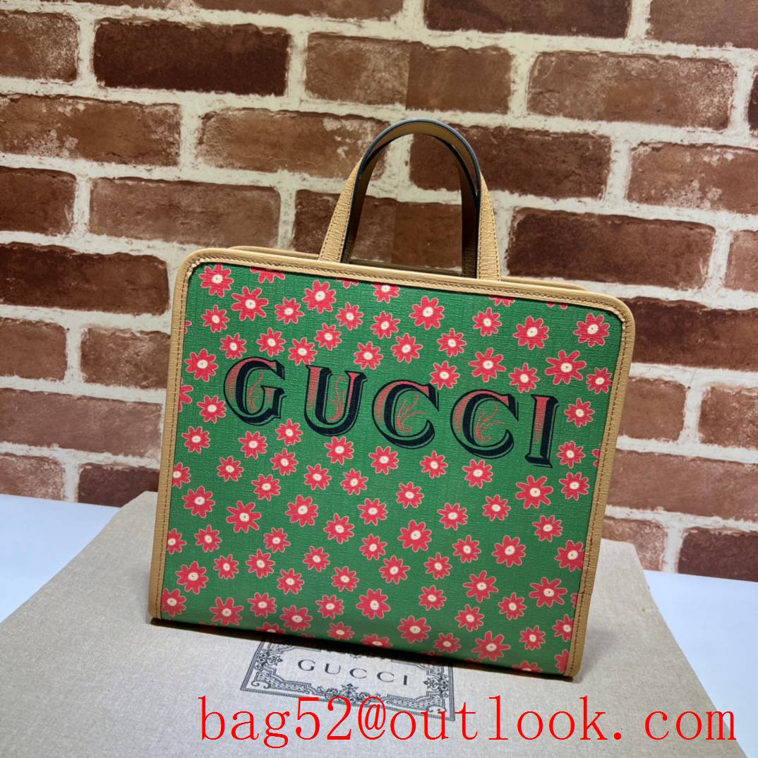 Gucci Children's cat with red flowers print brown large tote bag