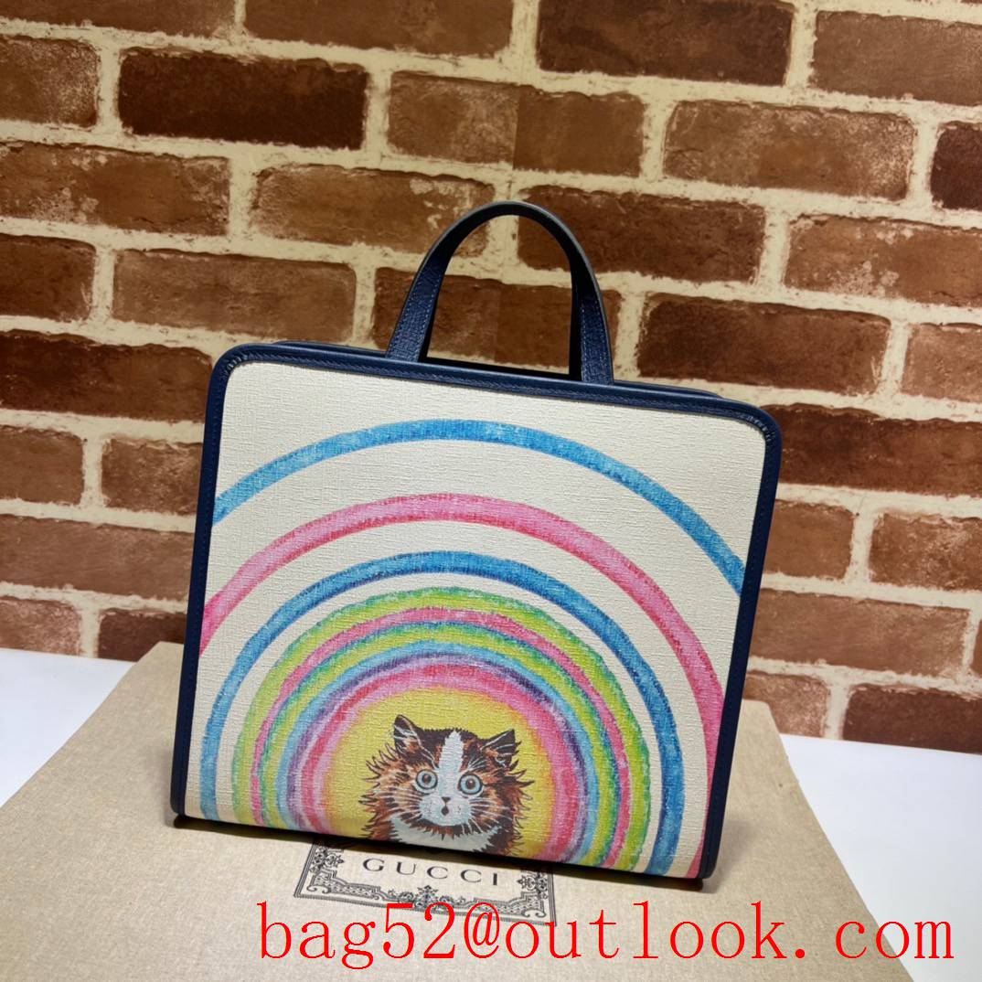 Gucci Children's cat with rainbow print white large tote bag