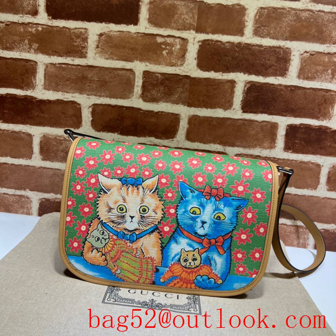 Gucci two pieces cat with red flowers brown with green crossbody bag