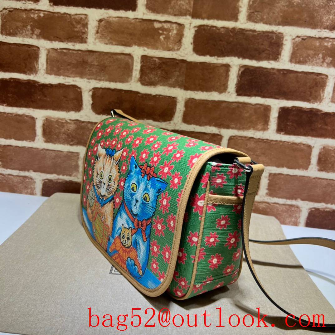 Gucci two pieces cat with red flowers brown with green crossbody bag