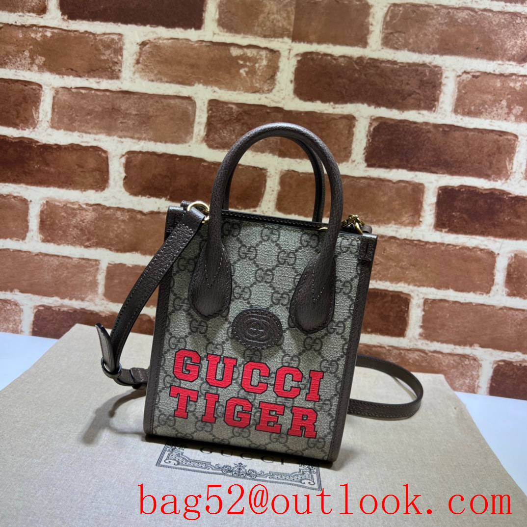 Gucci GG Retro mini tote sky brown with "Gucci tiger" letter bag
