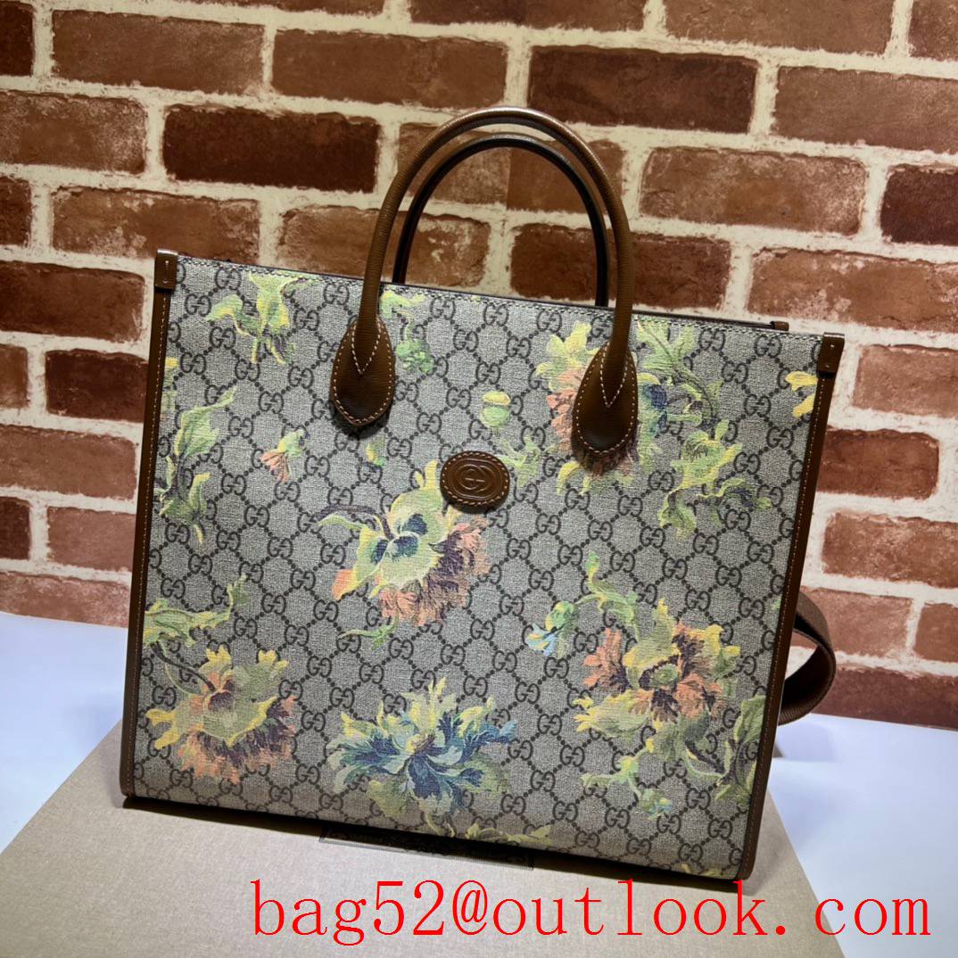 Gucci large coffee brown print with flowers tote shoulder bag