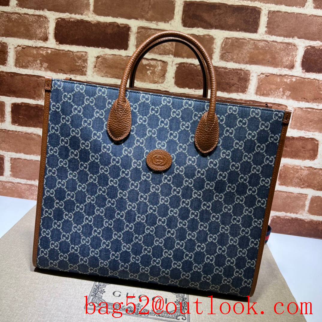 Gucci blue and brown with brown strap Medium Interlocking G Tote Bag