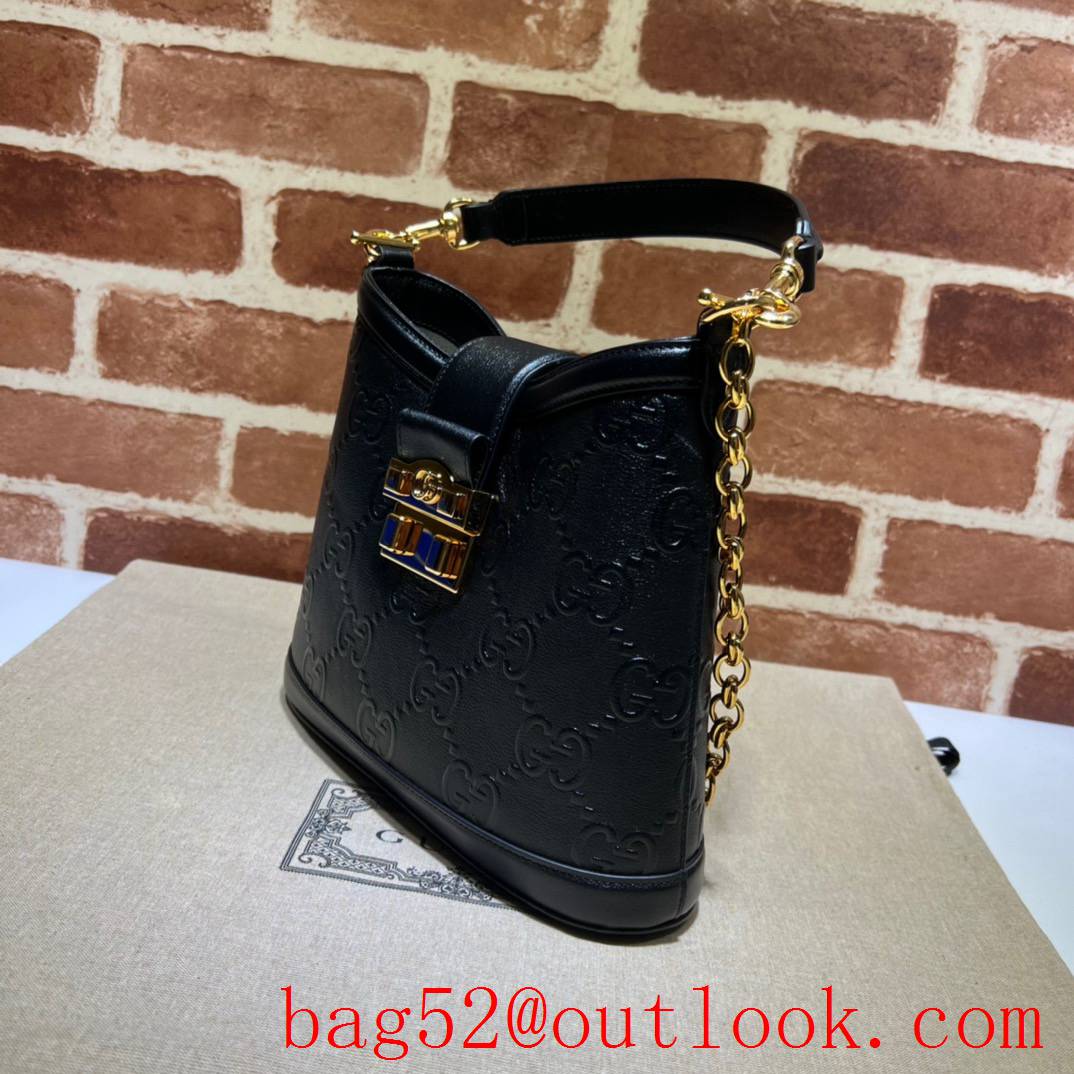 Gucci black Small GG shoulder metal buckle lock Leather embossing gold Chain shoulder bag