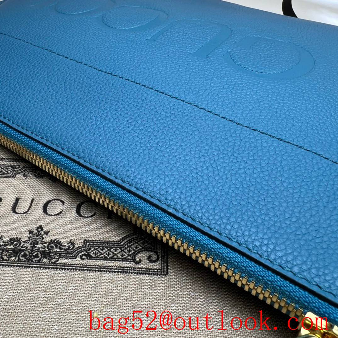 Gucci blue large long leather with brand logo zipply handbag clutch