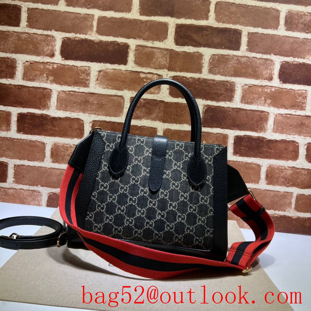 Gucci large black denim fabric metal hardware red strap tote shoulder bag