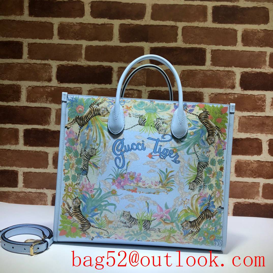 Gucci tiger with flower light green large tote bag