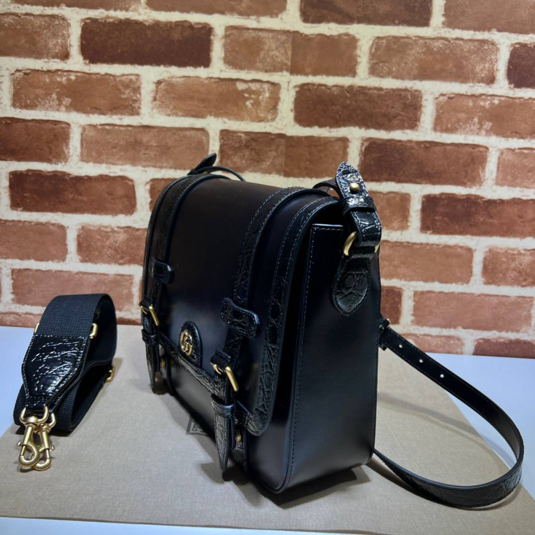 Gucci Medium Black Leather Messenger 702136 Bag