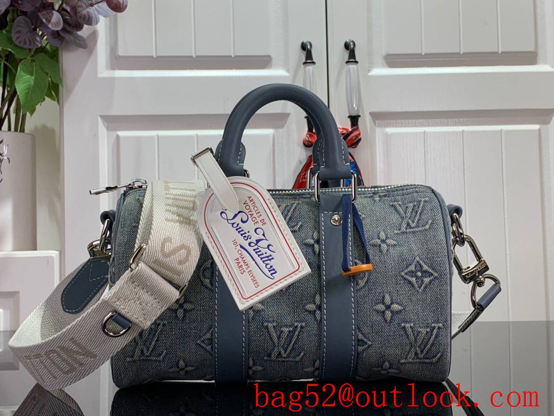 LV Monogram Denim Keepall Bandouliere 25 Bag Handbag M22762 Blue