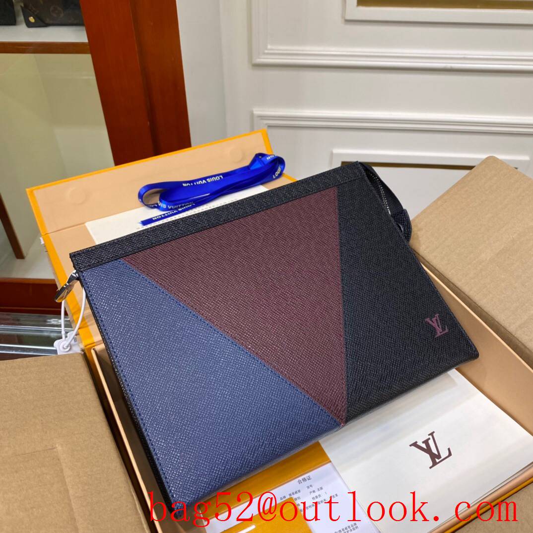 LV Louis Vuitton men v taiga leather tri-color pochette voyage purse clutch Pouch M30718