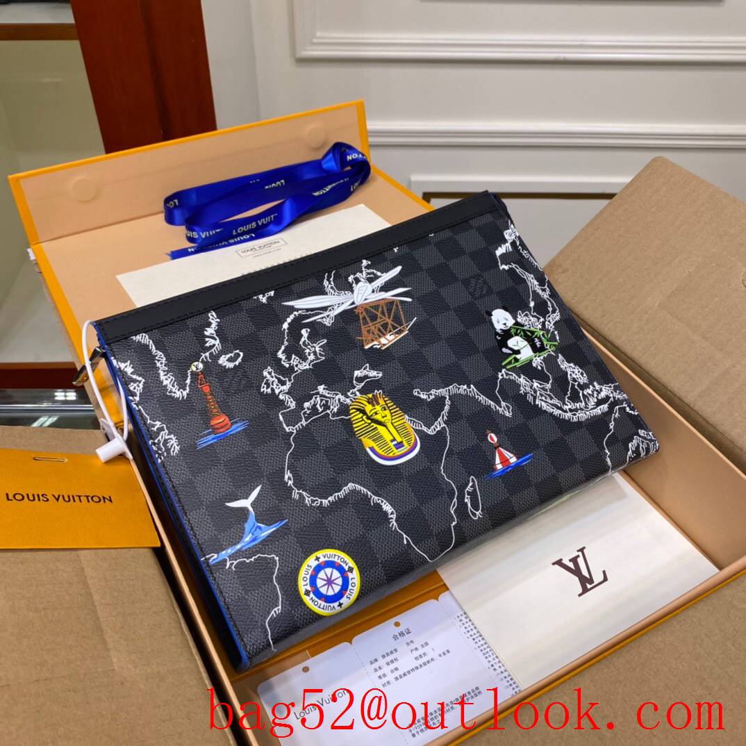 LV Louis Vuitton men map print damier clutch Pouch purse N40205