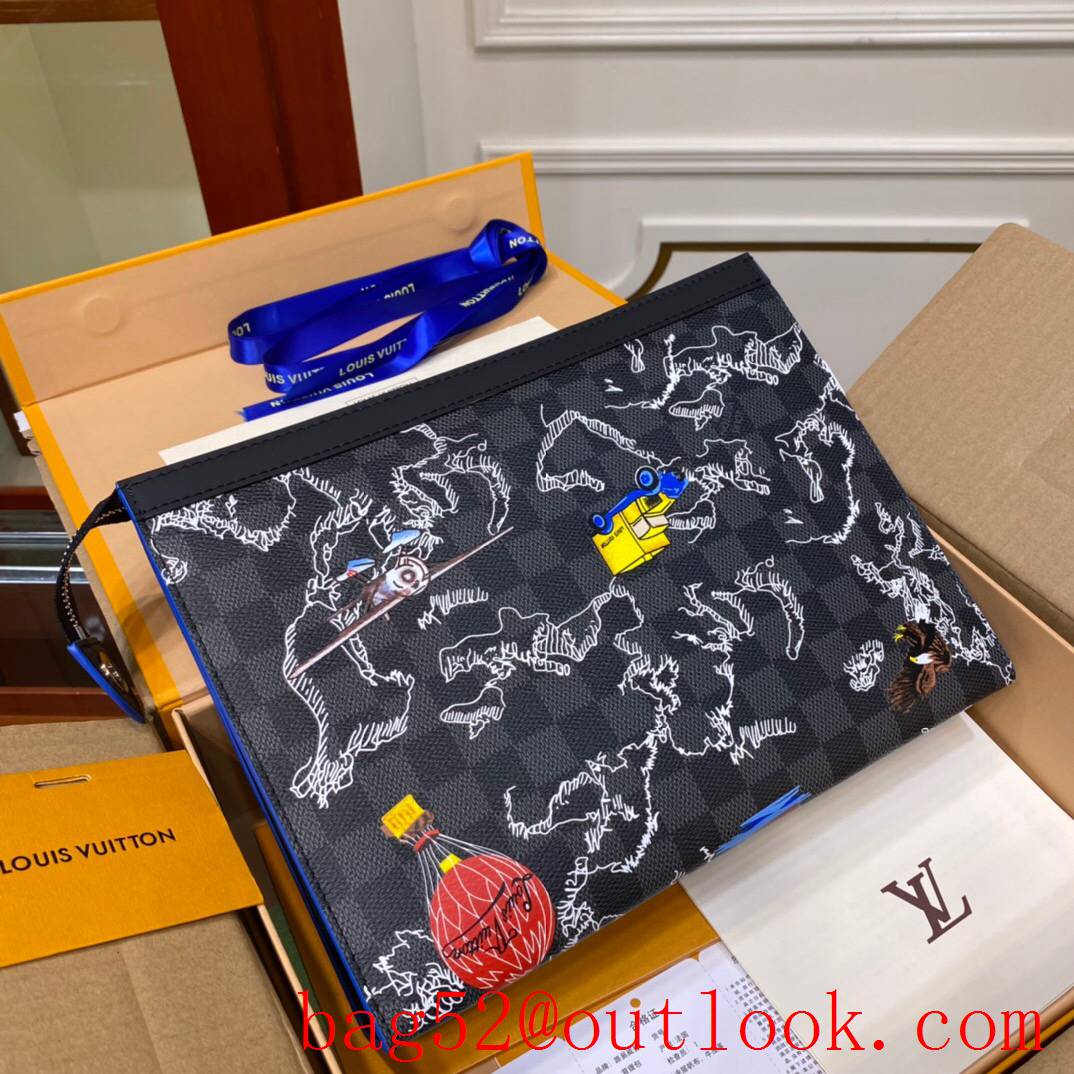 LV Louis Vuitton men map print damier clutch Pouch purse N40205 