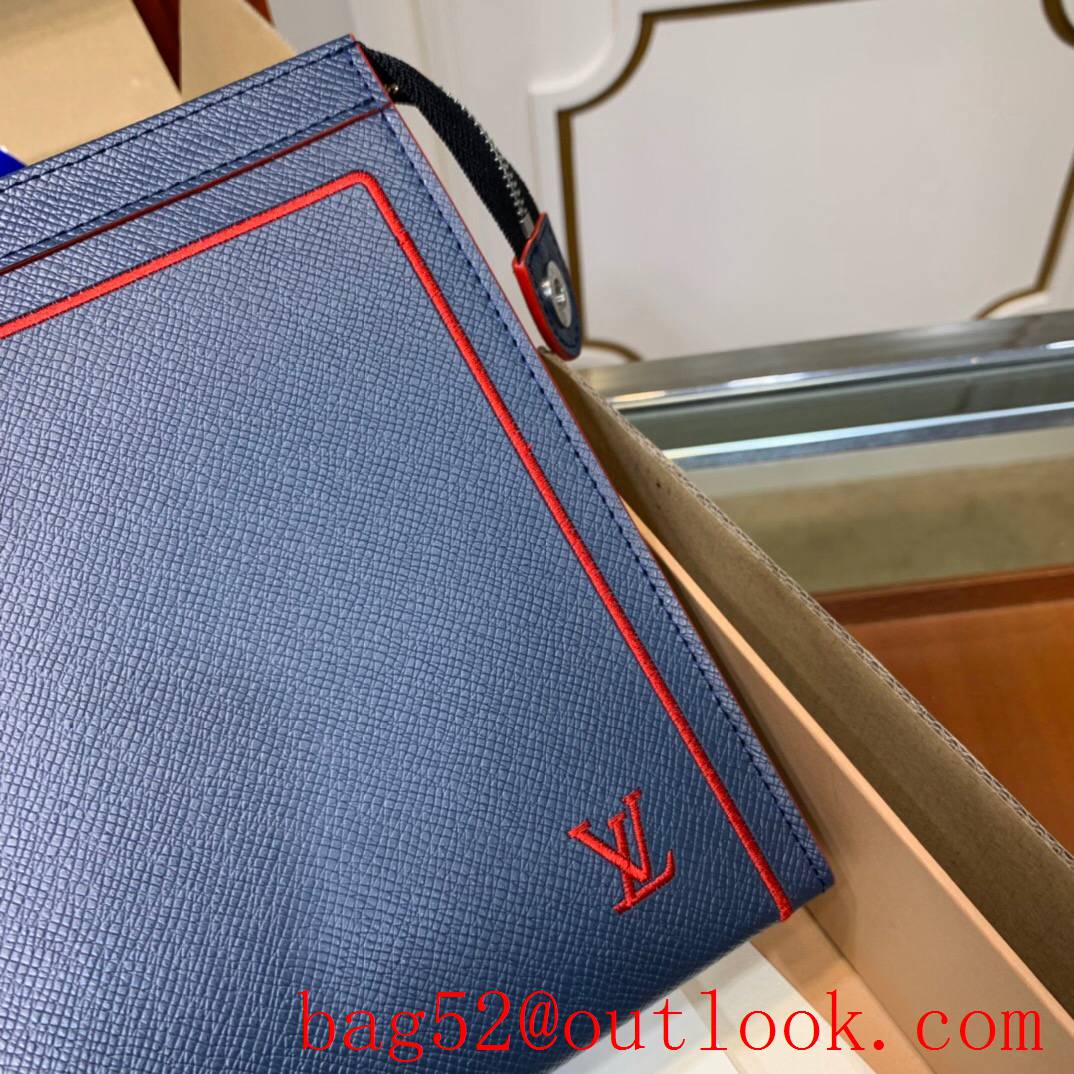LV Louis Vuitton navy taigarama leather v red logo pochette voyage clutch pouch purse M30573