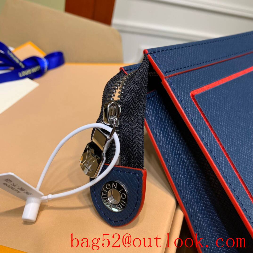 LV Louis Vuitton navy taigarama leather v red logo pochette voyage clutch pouch purse M30573