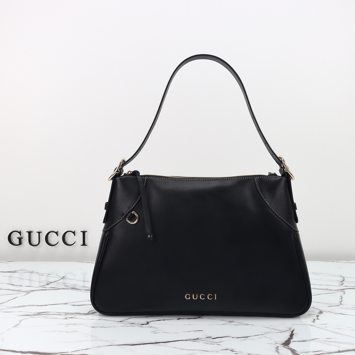 Gucci GG Emblem Real Leather Large Shoulder Bag Handbag 815217 Black