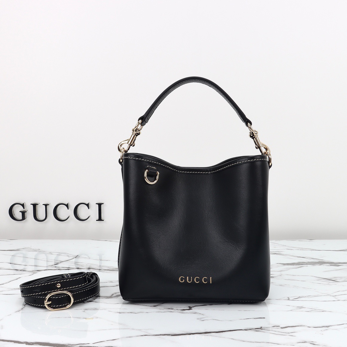 Gucci GG Emblem Real Leather Mini Bucket Bag Handbag 815118 Black