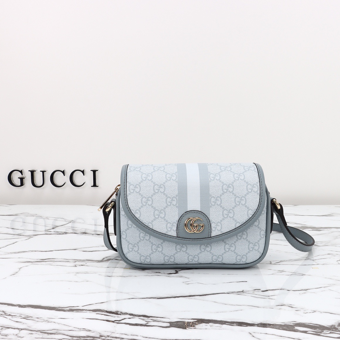 Gucci Ophidia GG Supreme Mini Crossbody Bag Handbag 772239 Gray Blue