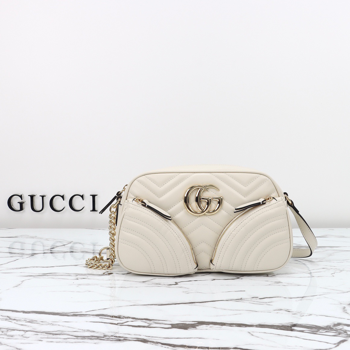 Gucci GG Marmont Real Leather Small Bag Handbag 798715 Cream