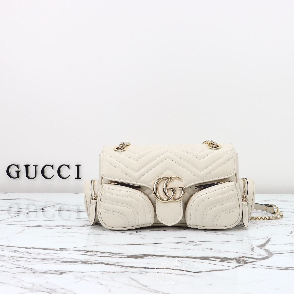 Gucci GG Marmont Real Leather Small Shoulder Bag Handbag 795228 Cream