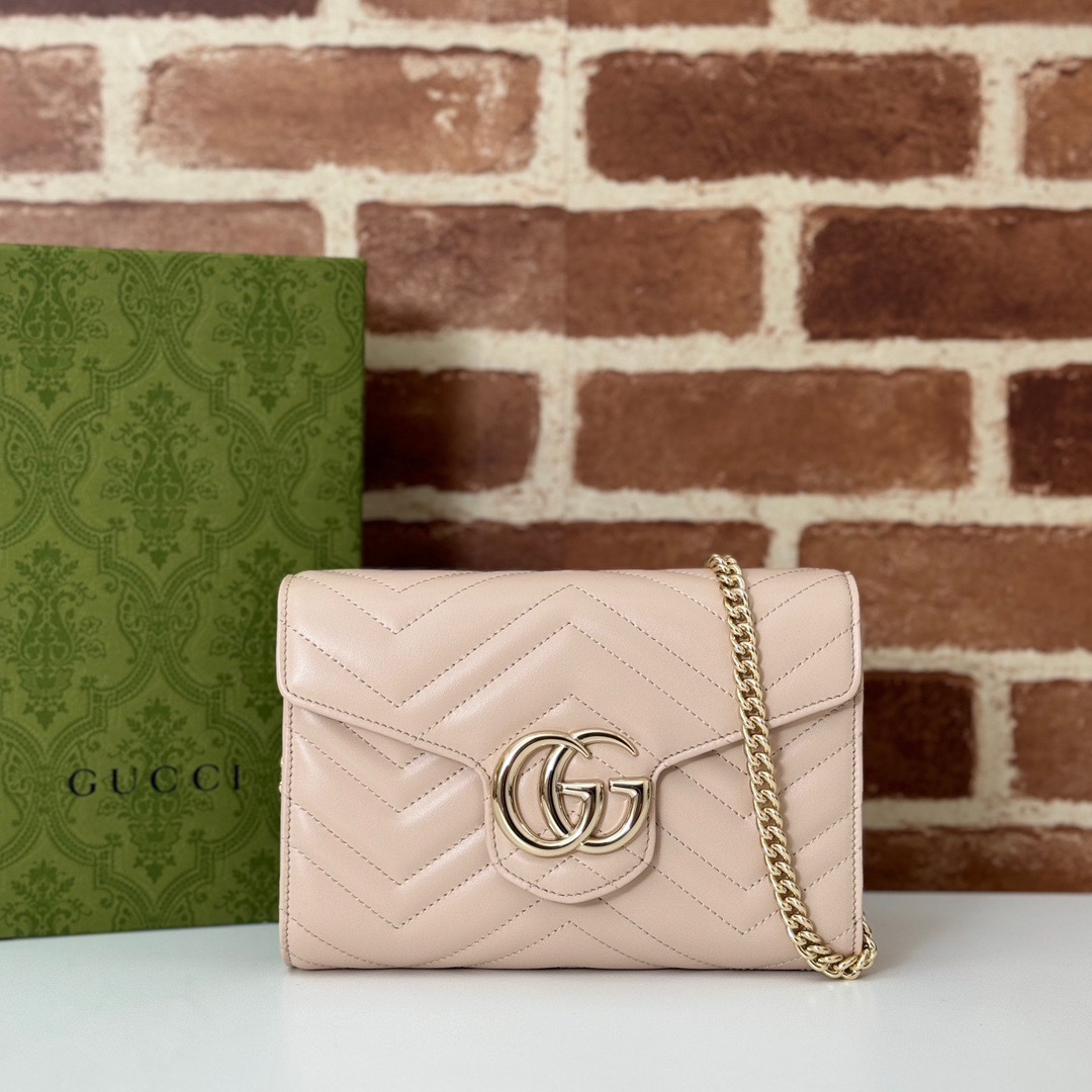 Gucci GG Marmont Real Leather Mini Shoulder Bag with Chain 474575 Pink