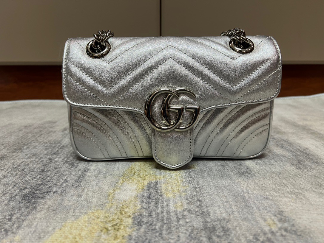 Gucci GG Marmont Real Leather Mini Shoulder Bag Handbag 446744 Silver