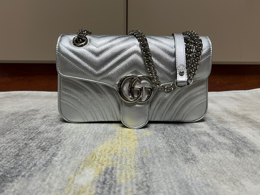 Gucci GG Marmont Real Leather Small Shoulder Bag Handbag 443497 Silver