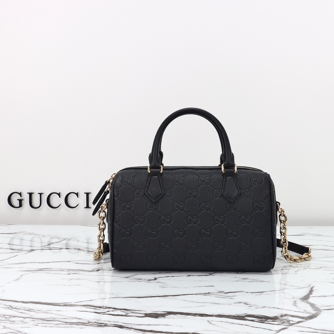 Gucci GG Emblem Real Leather Small Handbag Bag 815255 Black