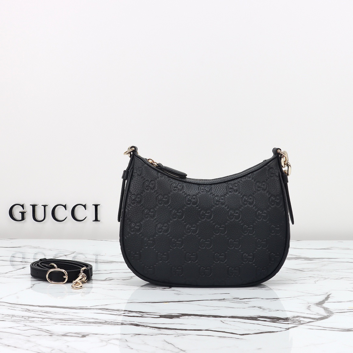 Gucci GG Emblem Real Leather Small Shoulder Bag Handbag 815409 Black