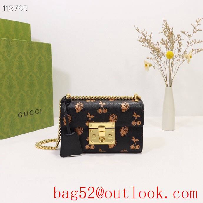 Gucci Padlock GG Small Leather Shoulder Bag with Fruits 409487 Black