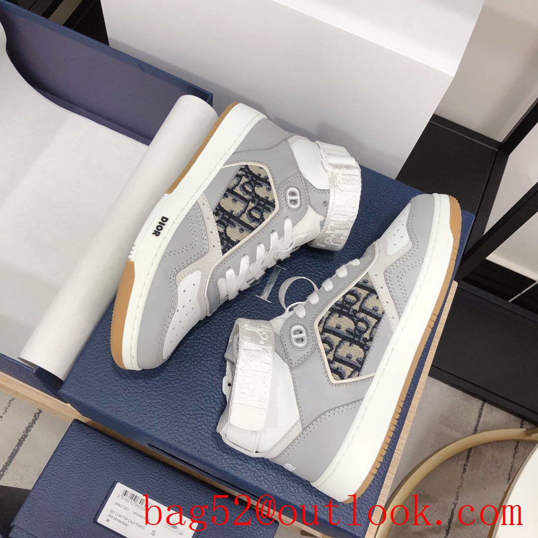 Dior B27 High-Top Sneaker Gray and White Smooth Calfskin with Beige and Black Oblique Jacquard shoes
