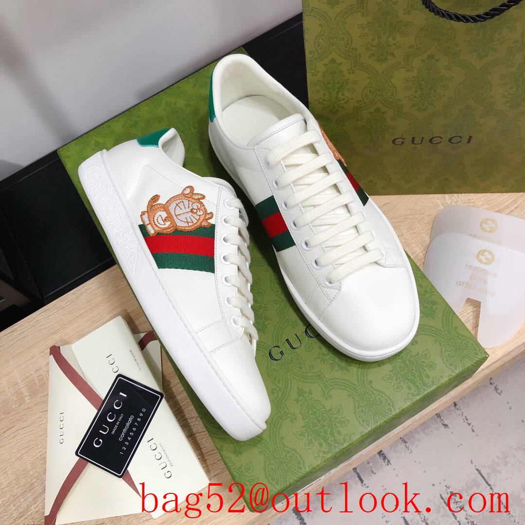 gucci ace disney women and men couples leather flat sneakers white shoes