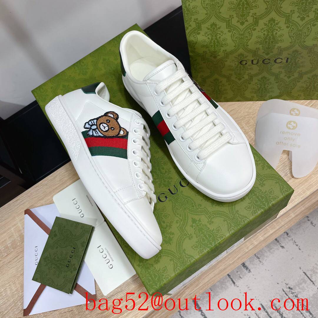 gucci ace disney bear women and men couples leather flat sneakers white shoes