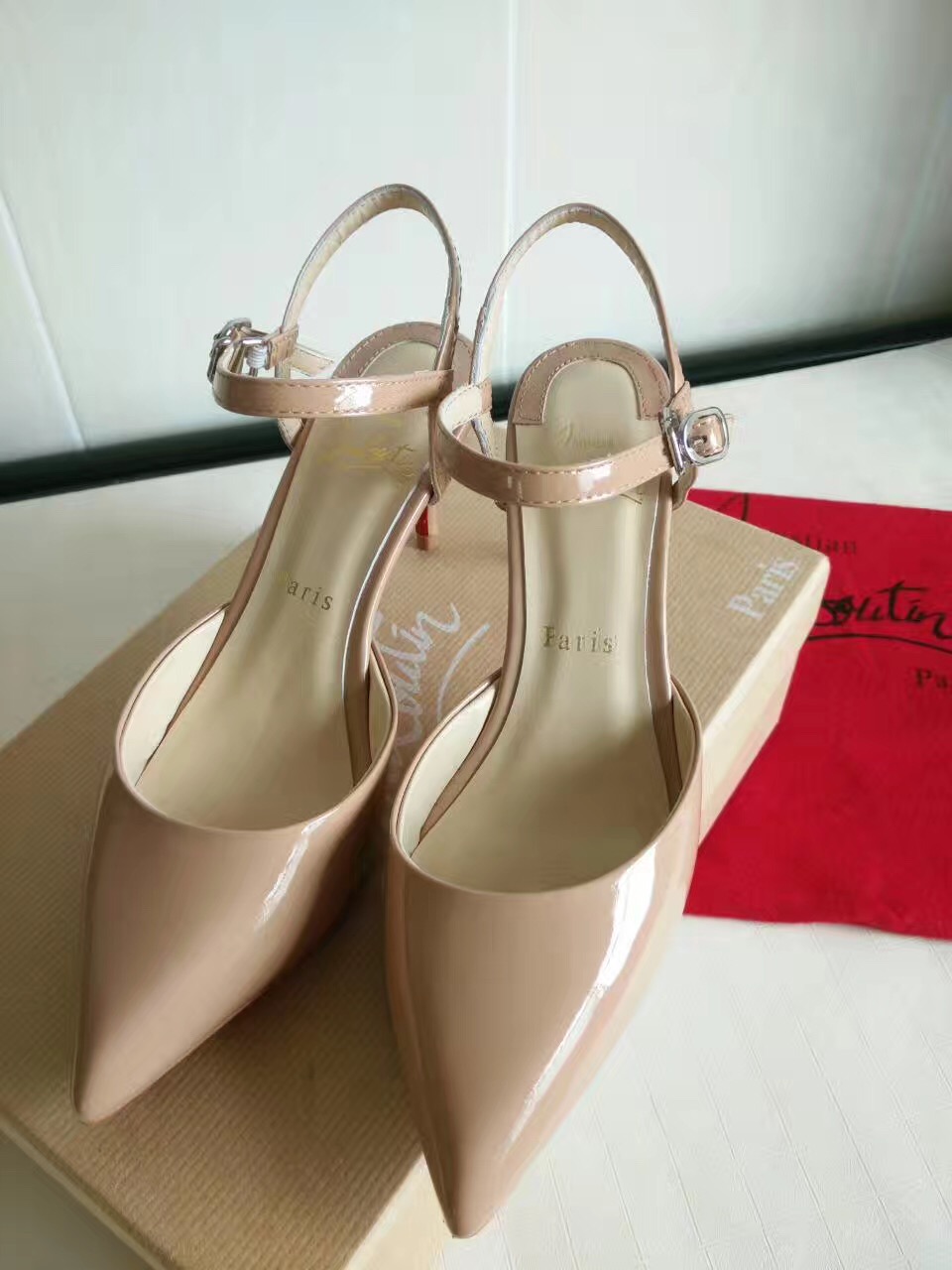 Christian Louboutin 7cm nude heels sandals red soled shoes