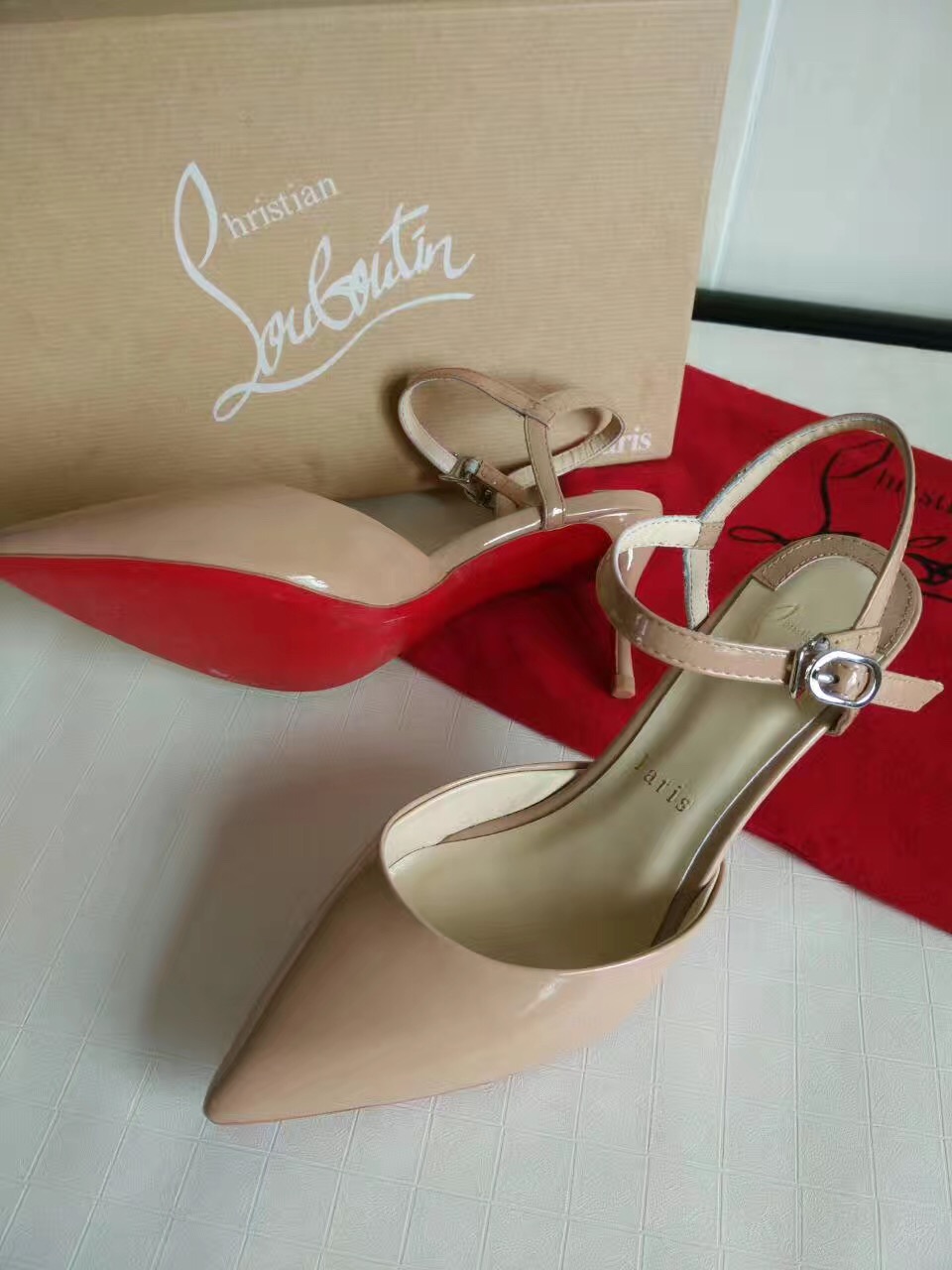 Christian Louboutin 7cm nude heels sandals red soled shoes