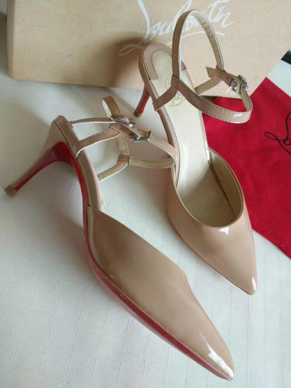 Christian Louboutin 7cm nude heels sandals red soled shoes