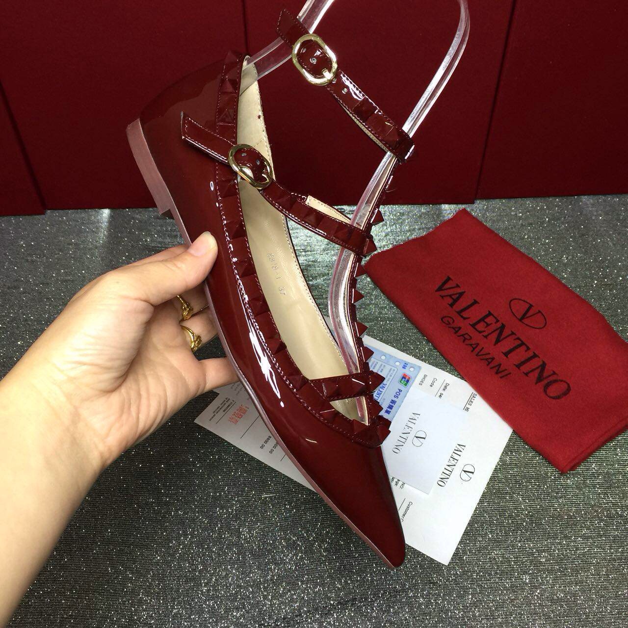 valentino paint wine stud sandals flats shoes