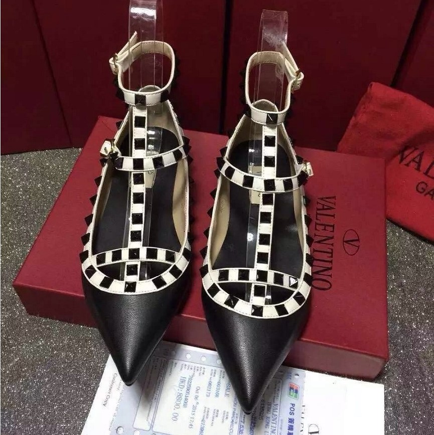 valentino sandals flats v stud black cream shoes