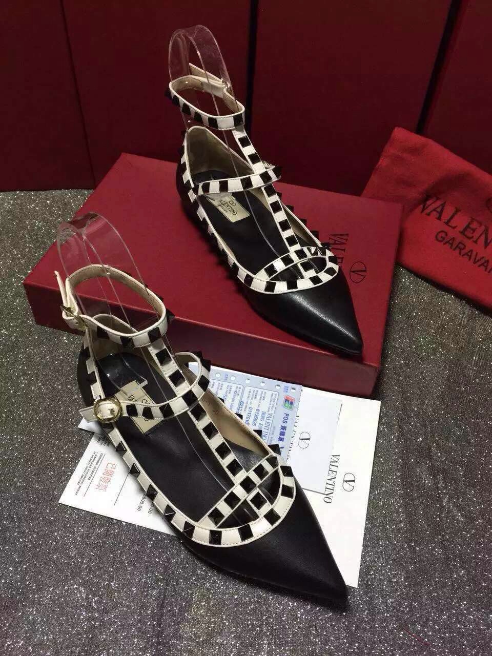 valentino sandals flats v stud black cream shoes